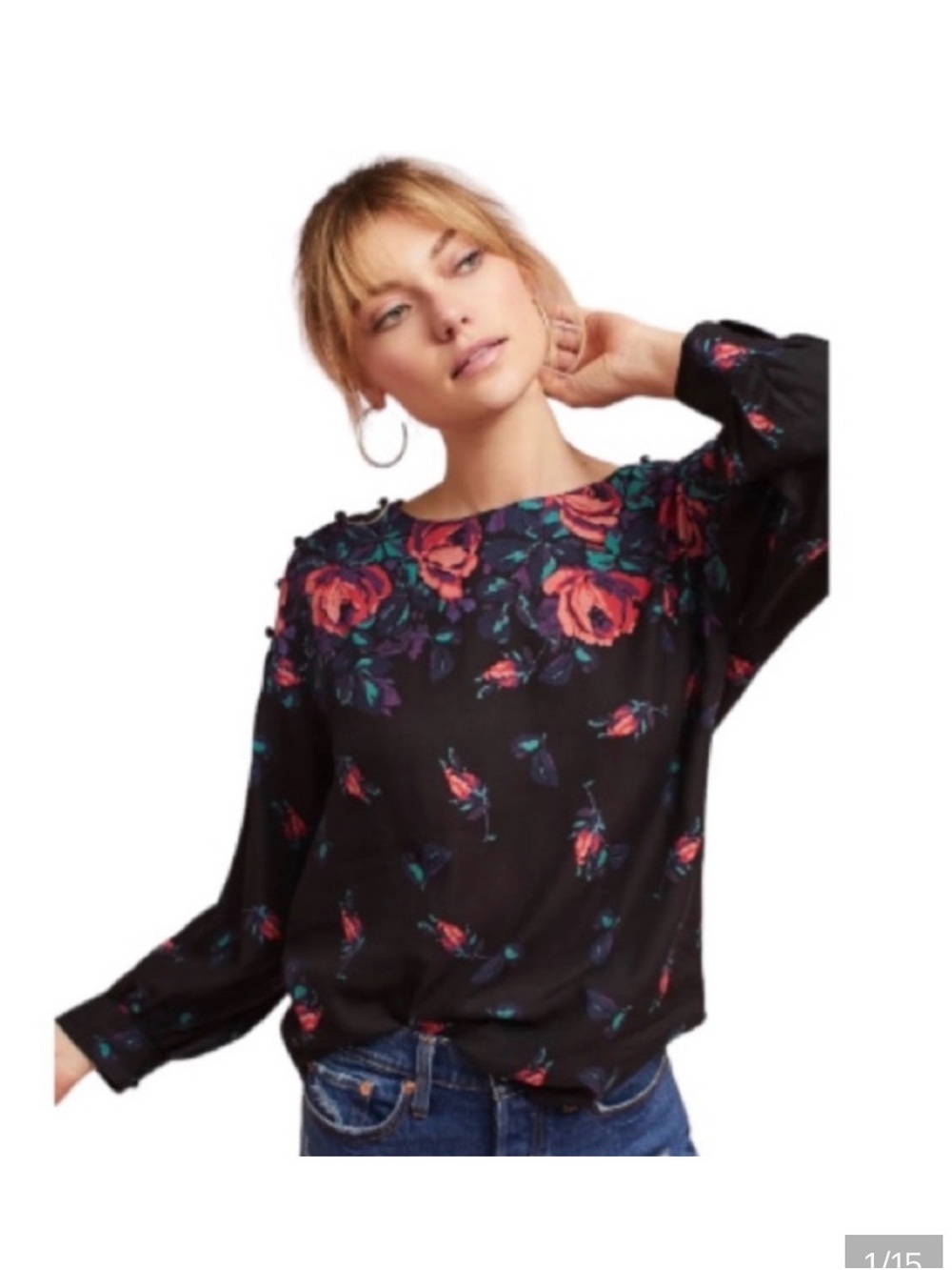 Maeve Anthropologie gardenia boatneck rose long sleeve blouse size large